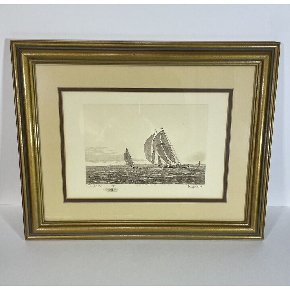 G. Mercer Etching "The Race" Authentic Framed Vintage Art Wall Hanging Rare